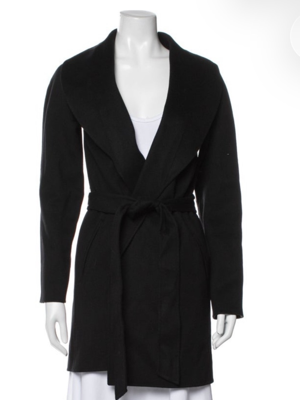 Sofia Cashmere Black Wool Shawl-Collar Tie-Waist Coat